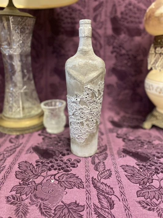 Decorative Glass Bottle Stained Upcycled Hand Painted Chalk Paint Gray And Lace Home & Garden:Home Décor:Decorative Accessories:Bottles Stylin’ Spirit   