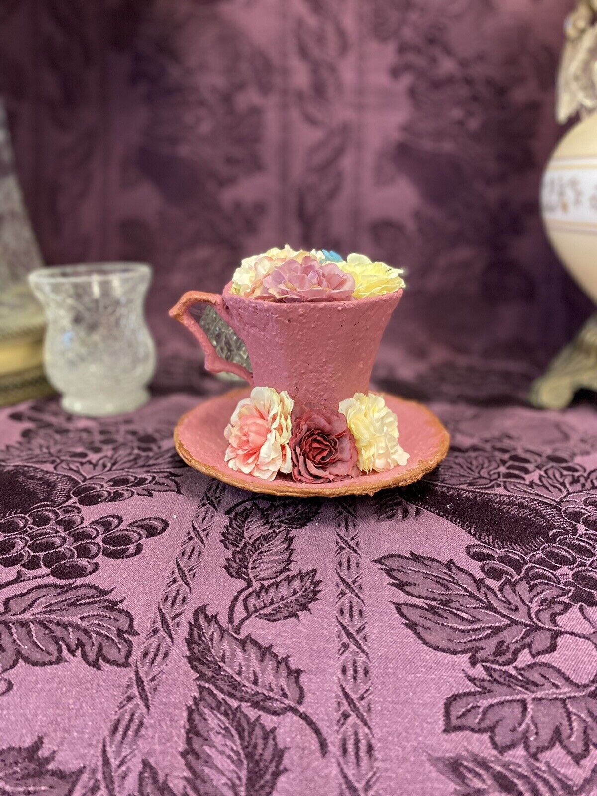 Handcrafted Flower Tea Coffee Cup Saucer Garden Collection Dusty Rose Pink Tan Decorative Tea Cup & Saucer Stylin’ Spirit   