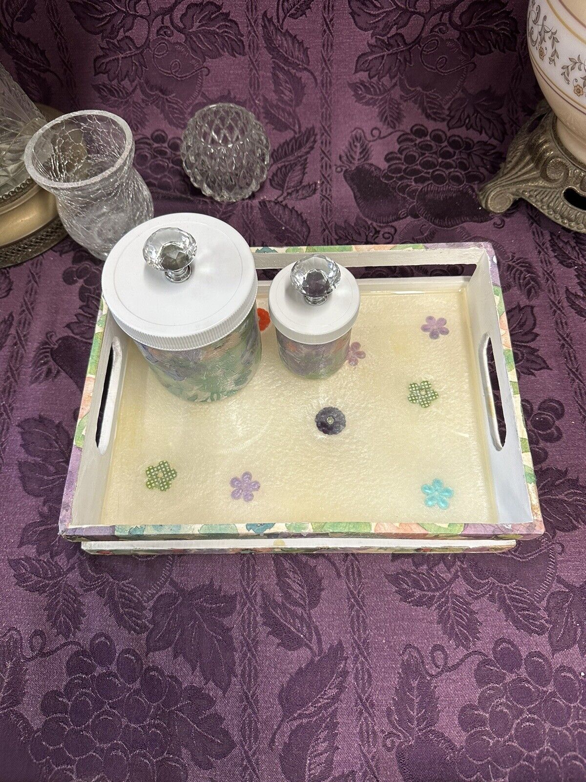 Custom Bathroom Vanity Tray With Matching Plastic Containers Crystal Knobs Bathroom Accessory Sets Stylin’ Spirit   