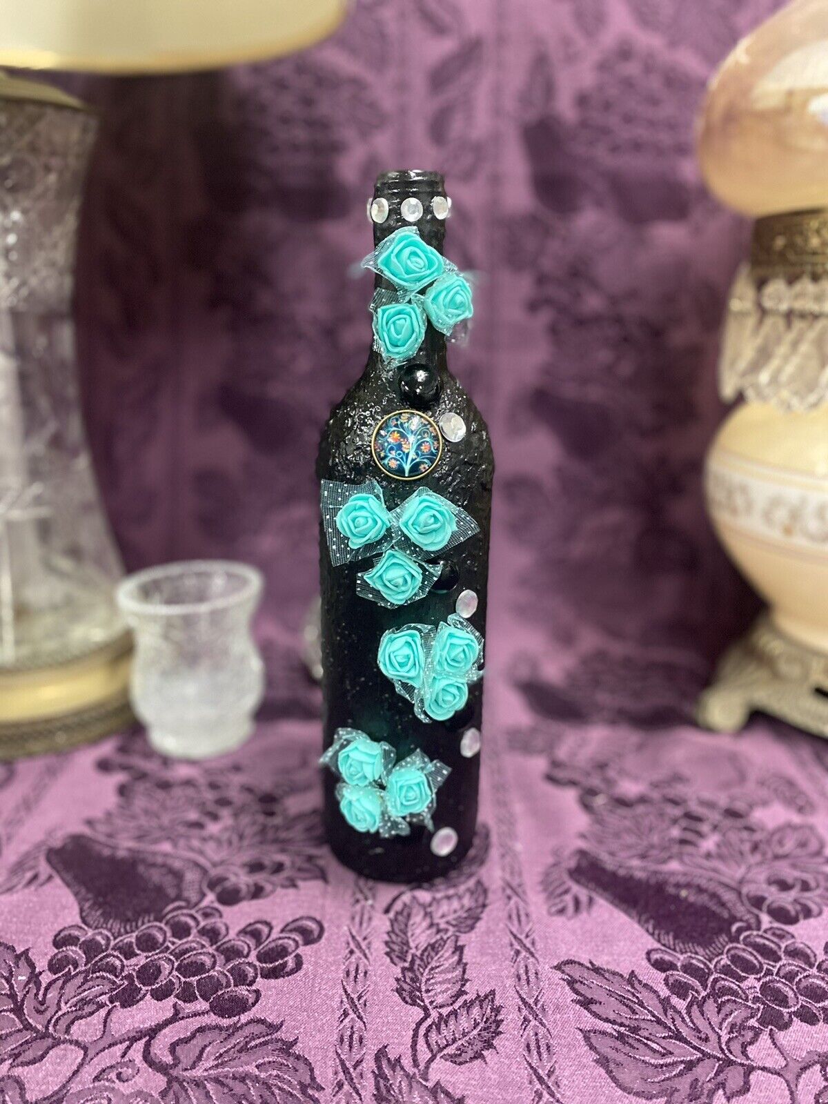 Decorative Wine Bottle Stained Glass Hand Painted Upcycled Black Tiffany Blue - Stylin Spirit