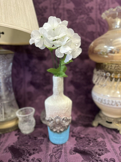 Decorative Glass Bottle hand painted teal aqua blue & aged white Decorative Bottles Stylin’ Spirit   