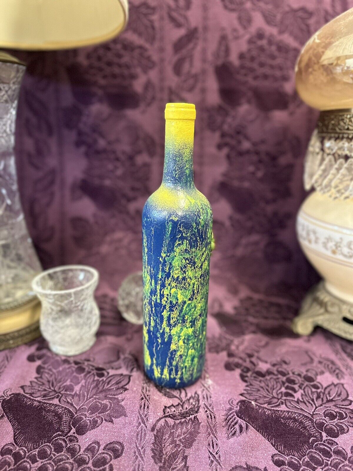 Decorative Wine Bottle Blue Green Yellow crackle finish & silk flowers Decorative Bottles Stylin’ Spirit   