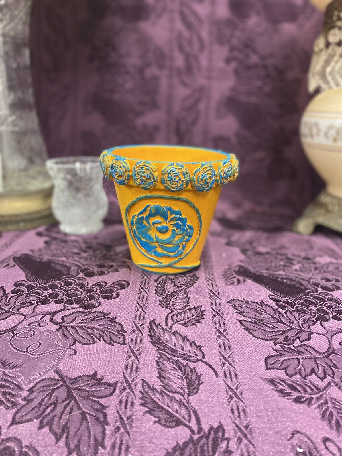 Hand Painted Terracotta Flower Pot Yellow Blue Flower Pot Stylin' Spirit   