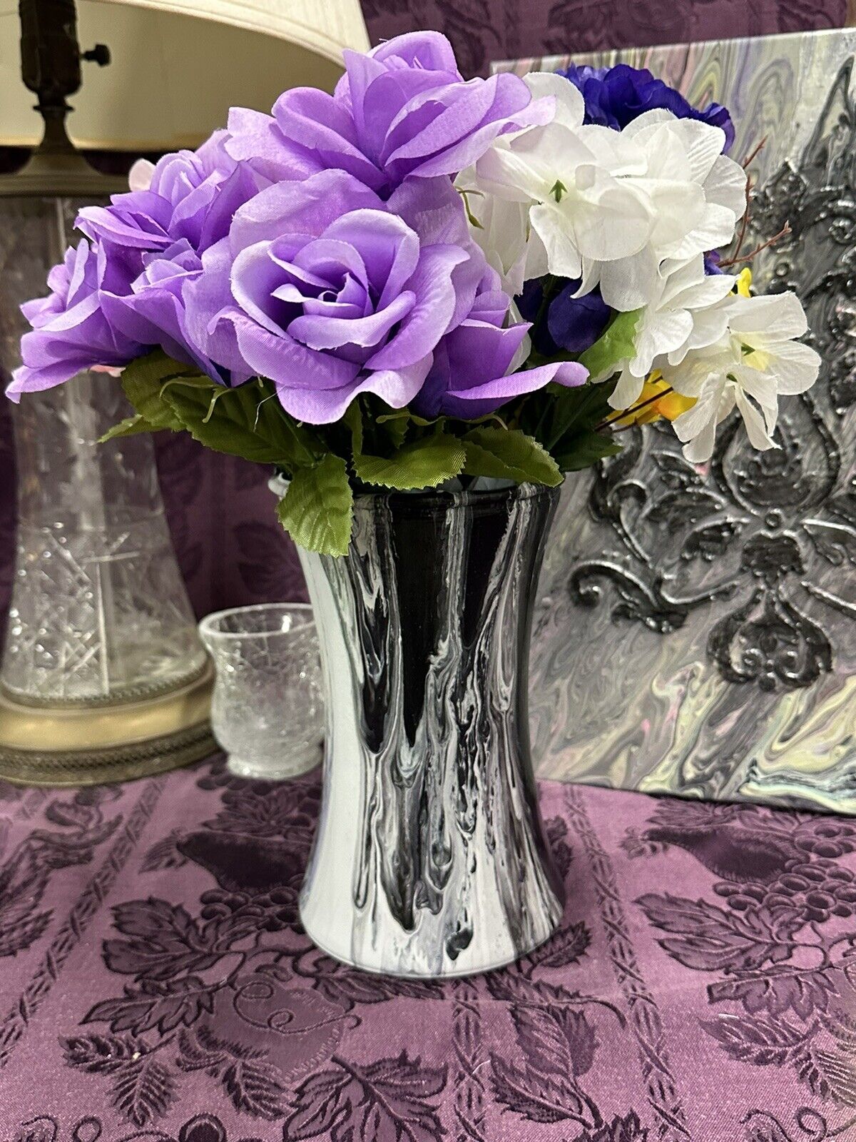 Custom Hand Painted Glass Vase Paint Pour Black Gray Pink Purple White Vase Stylin' Spirit   