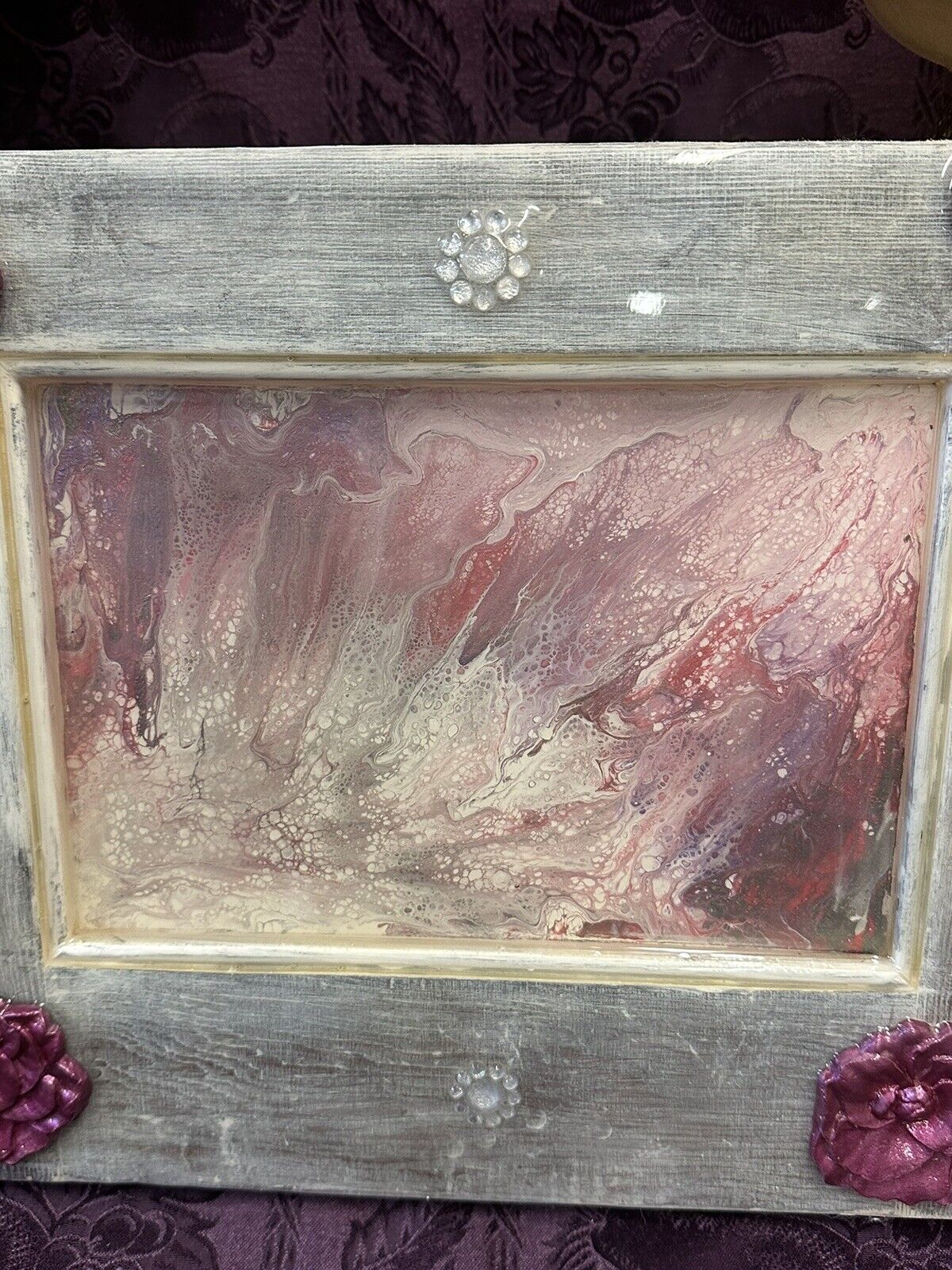 Repurposed Cabinet Door Hand Painted Sealed In Epoxy Pink White Rhinestone 16x12 Wood Wall Hanging Stylin' Spirit   