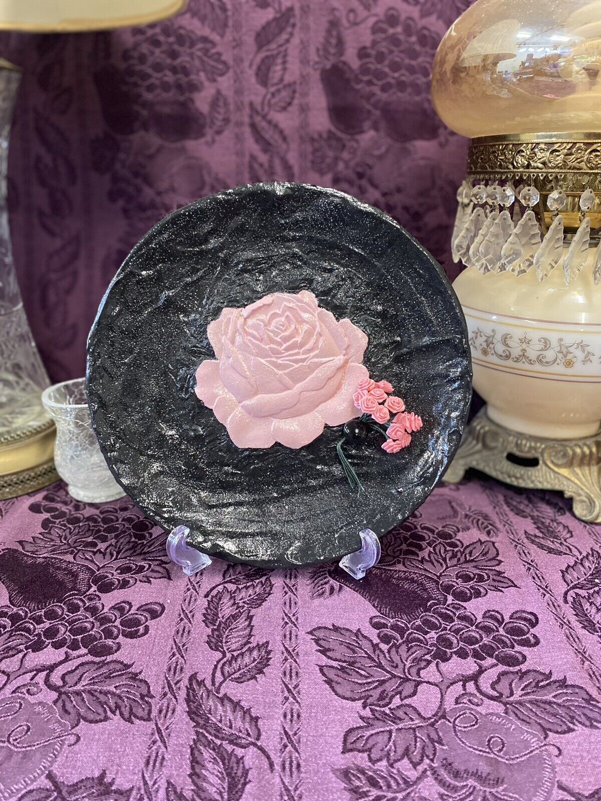 Hand Painted Textured Decorative Plate Black & Pink Rose Display Or Wall Hanging Decorative Plate Stylin' Spirit   