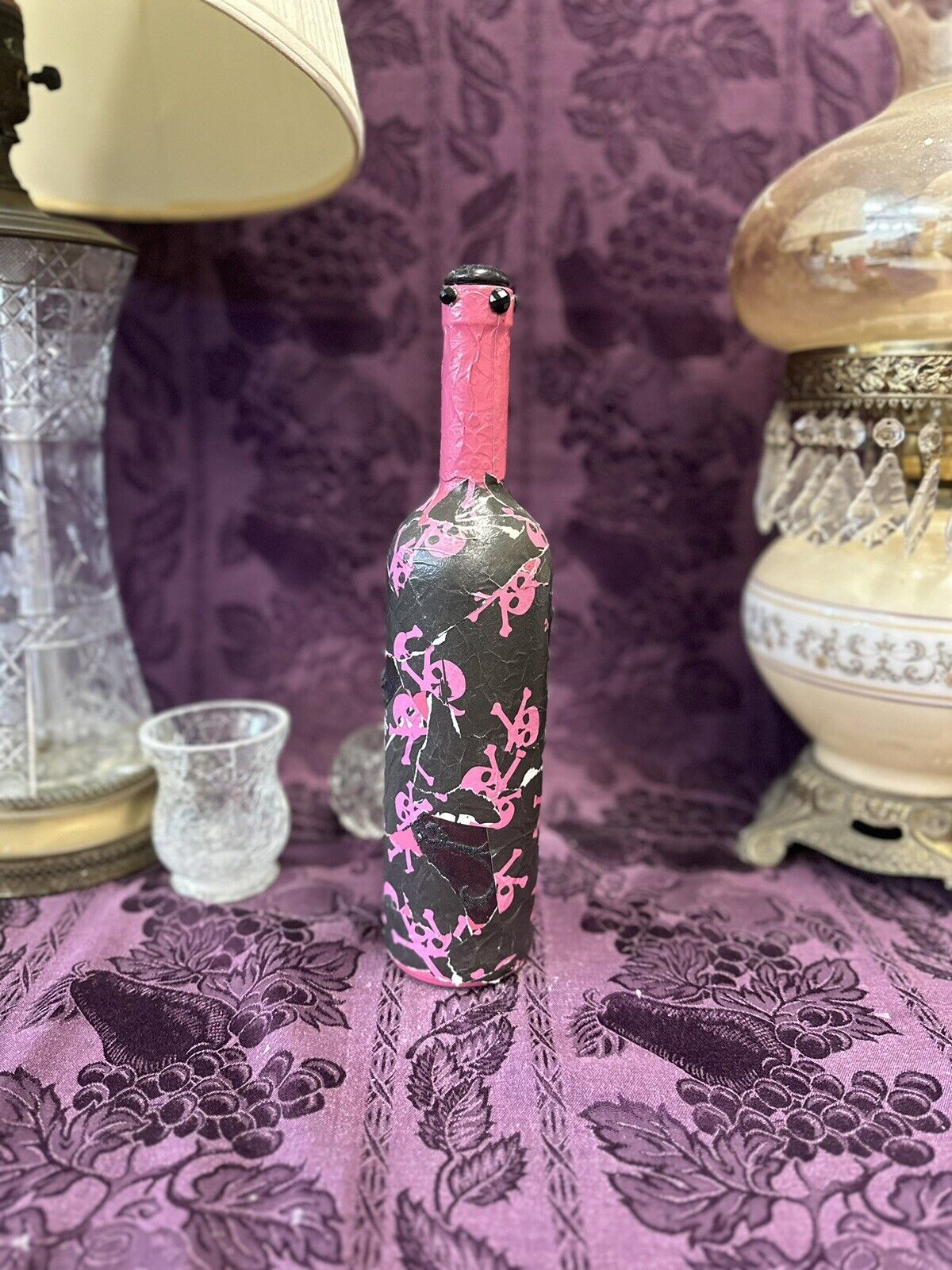 Decorative Wine Bottle Black & Hot Pink Skull Cat Decorative Bottles Stylin’ Spirit   