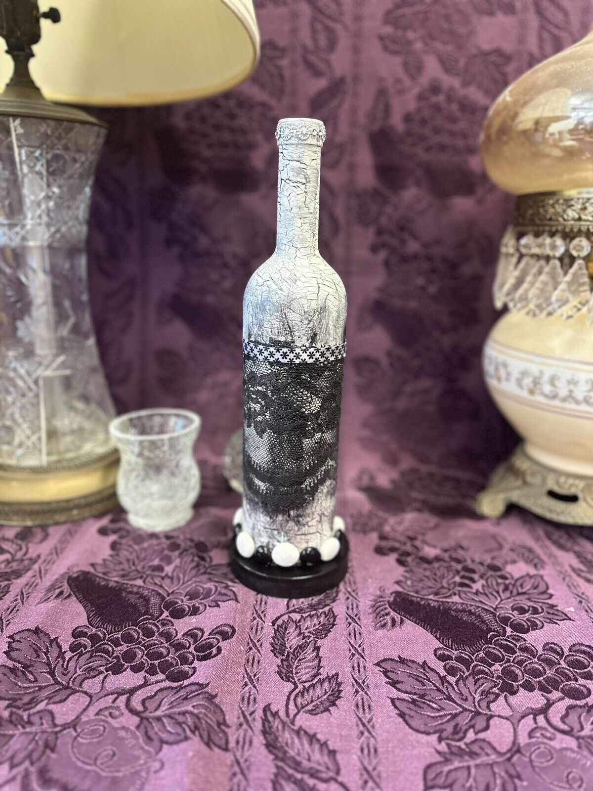 Decorative Wine Bottle Stained Glass Upcycled Hand Painted Crown Black & White Decorative Bottles Stylin’ Spirit   
