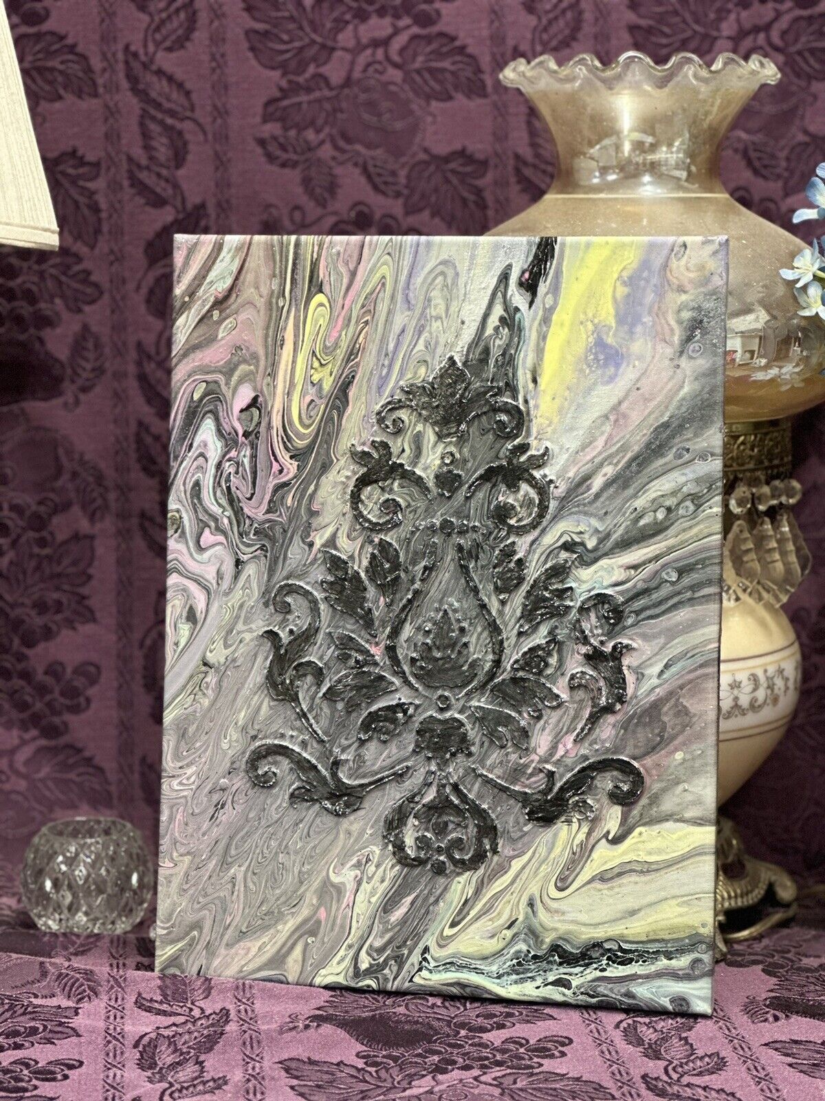 Hand painted Paint Pour 12 x 16 Pink White Gray Purple Black Wall Hanging Art Painting Stylin' Spirit   