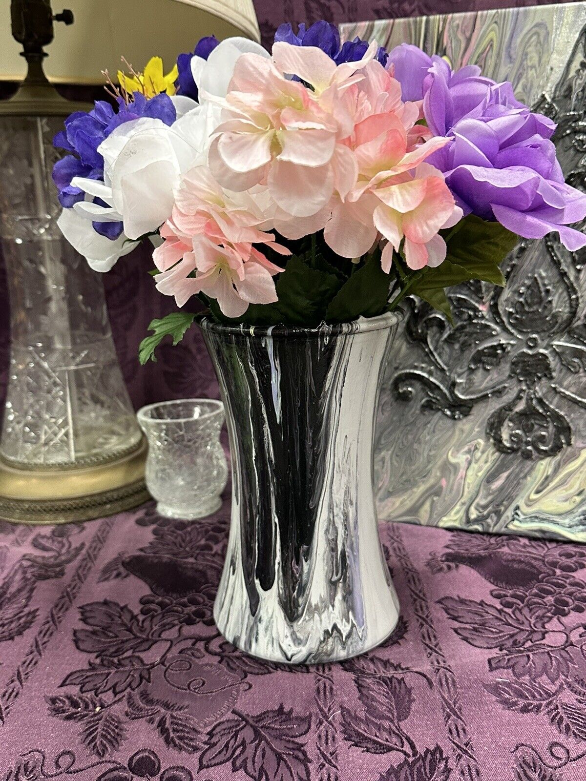 Custom Hand Painted Glass Vase Paint Pour Black Gray Pink Purple White Vase Stylin' Spirit   