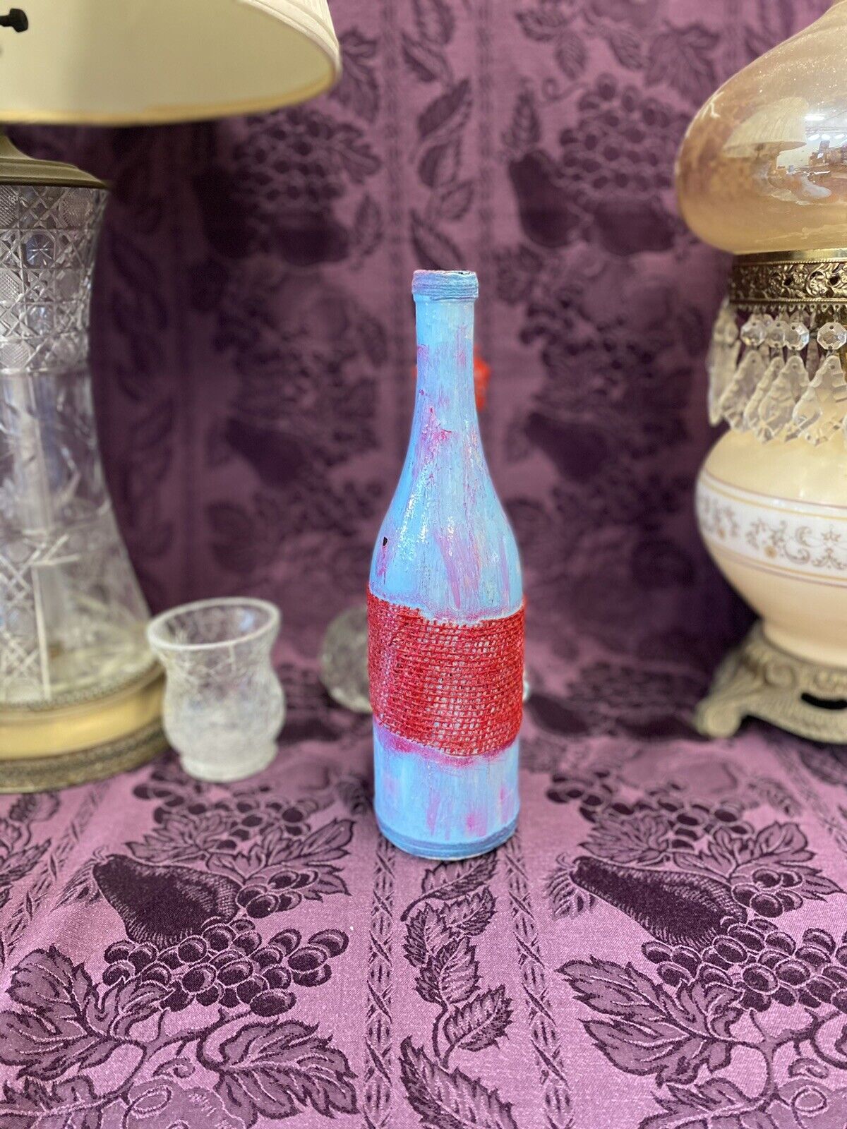 Decorative Wine Bottle Stained Glass Hand Painted Upcycled Baby Blue Red Home & Garden:Home Décor:Decorative Accessories:Bottles Stylin’ Spirit   