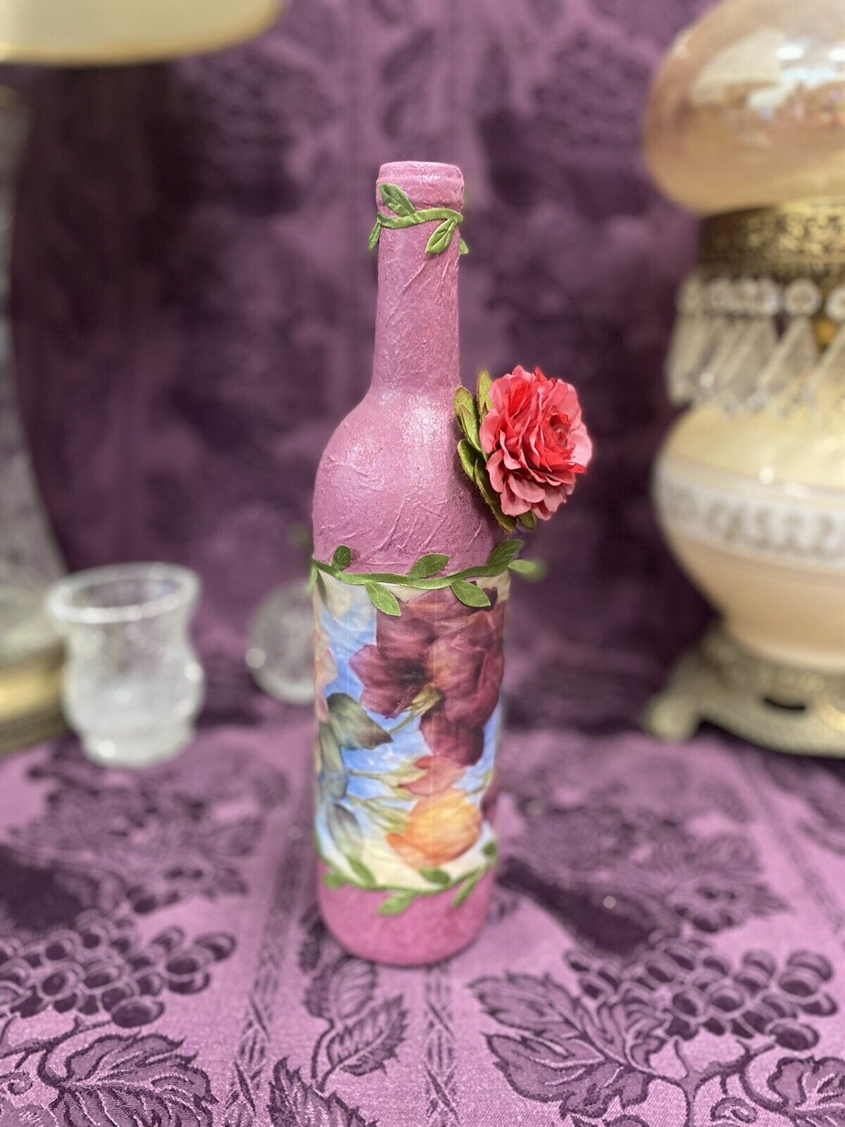 Decorative Wine Bottle Stained Glass Hand Painted Upcycled Pink Flowers Decorative Bottle Stylin' Spirit   