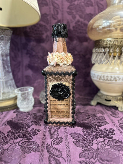 Decorative Jack Daniel’s bottle Black & Pink Roses Sheet Music Trim Decorative Bottle Stylin’ Spirit   