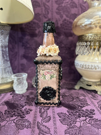 Decorative Jack Daniel’s bottle Black & Pink Roses Sheet Music Trim Decorative Bottle Stylin’ Spirit   