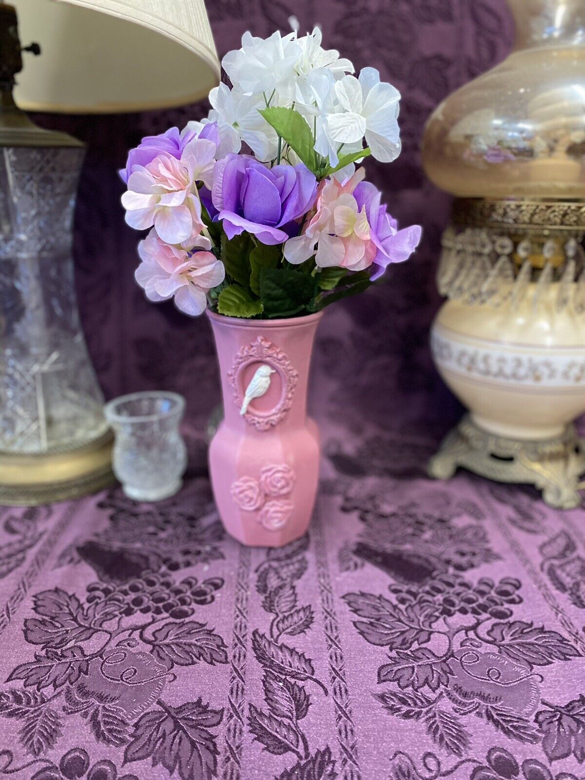 Custom Hand Painted Glass Vase Dusty Rose Pink Roses & White Bird Vase Stylin' Spirit   