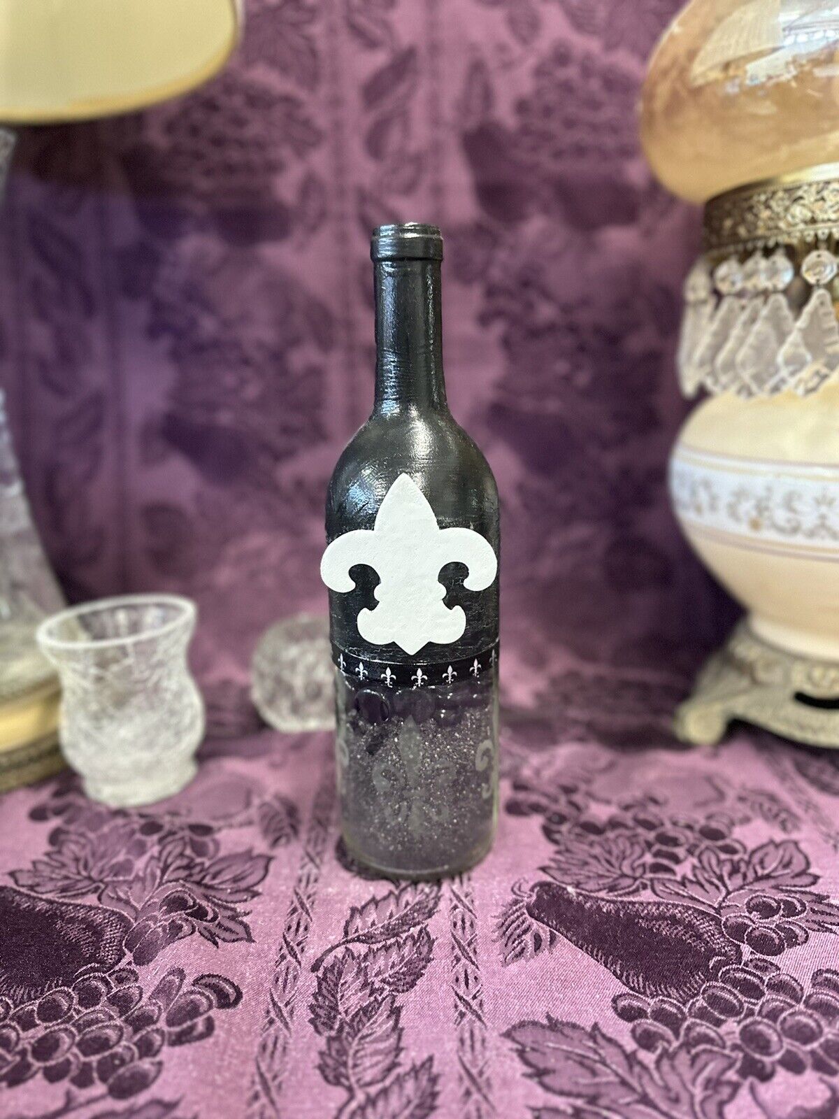 Decorative Glass Wine Bottle Black Hand Etched Filled with sand & glass beads Decorative Bottles Stylin’ Spirit   