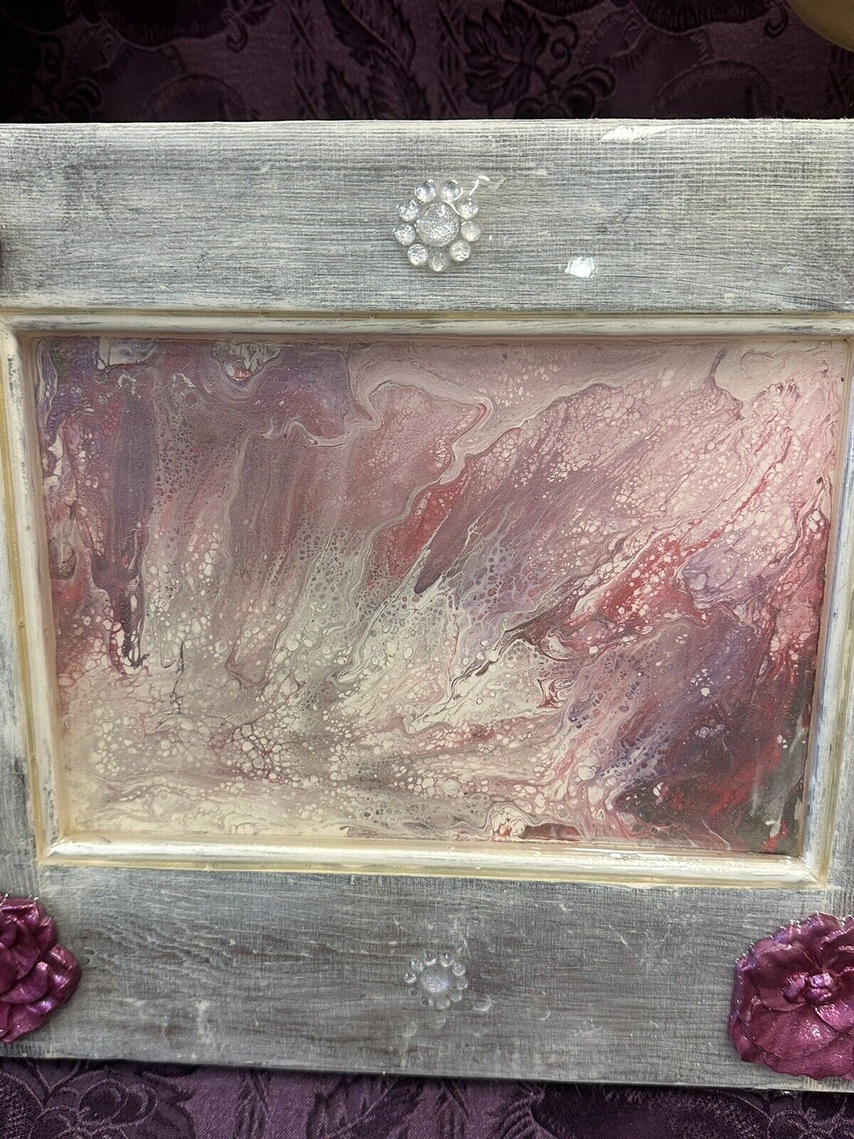 Repurposed Cabinet Door Hand Painted Sealed In Epoxy Pink White Rhinestone 16x12 Wood Wall Hanging Stylin' Spirit   