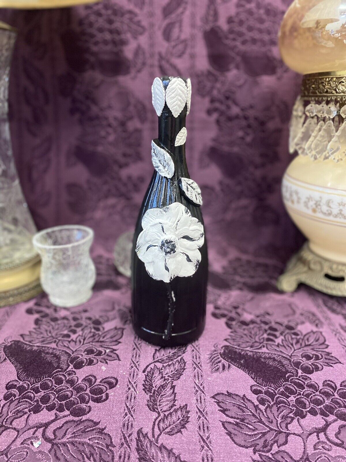 Decorative Wine Bottle Stained Glass Upcycled Hand Painted Black White Flower Decorative Bottle Stylin’ Spirit   