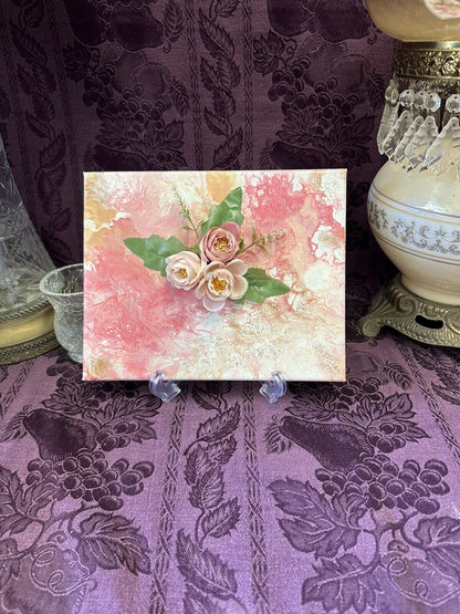 Hand painted Paint Pour 8 X 10 Pink White Gold Flowers Wall Hanging Art Painting Stylin' Spirit   
