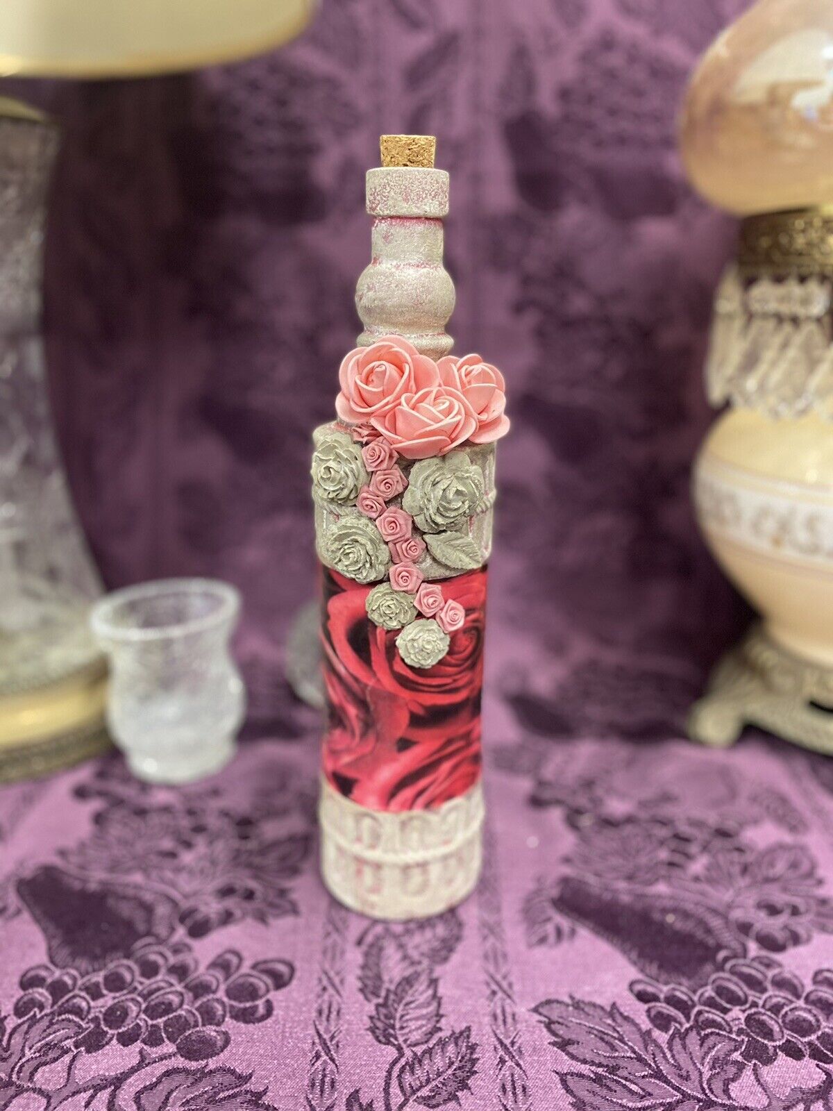 Decorative Wine Bottle Stained Glass Hand Painted Upcycled Pink Roses Decorative Bottle Stylin' Spirit   