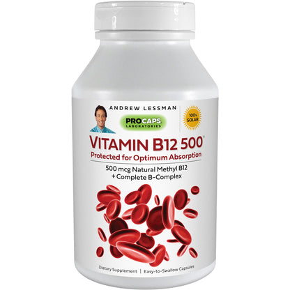 ANDREW LESSMAN Vitamin B12 500 360 Capsules – Absorption-Protected Methylcobalamin (Natural Coenzyme Vitamin B12), Essential for Energy & Stress Support, Plus B-Complex, Easy to Swallow Capsules