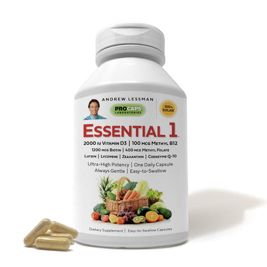 ANDREW LESSMAN Essential-1 Multivitamin 2000 IU Vitamin D3 60 Small Capsules – 100 mcg Methyl B12. CoQ10 Lutein Lycopene Zeaxanthin. High Potency. No Additives. Gentle Ultra-Mild. One Daily Capsule