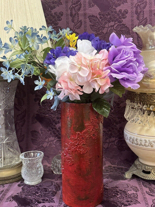 Custom Hand Painted Glass Vase Antiqued Red With Lace - Stylin Spirit