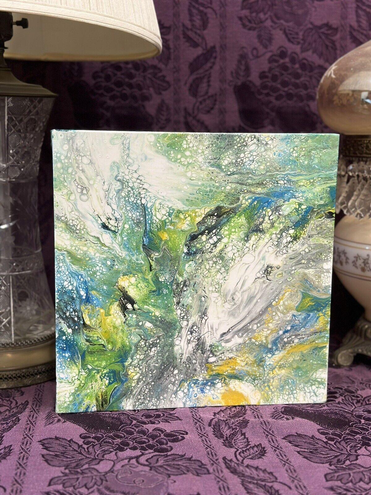 Hand painted Paint Pour 12 x 12 Green Yellow Black White Blue Wall Hanging Art - Stylin Spirit