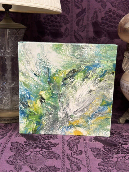 Hand painted Paint Pour 12 x 12 Green Yellow Black White Blue Wall Hanging Art - Stylin Spirit