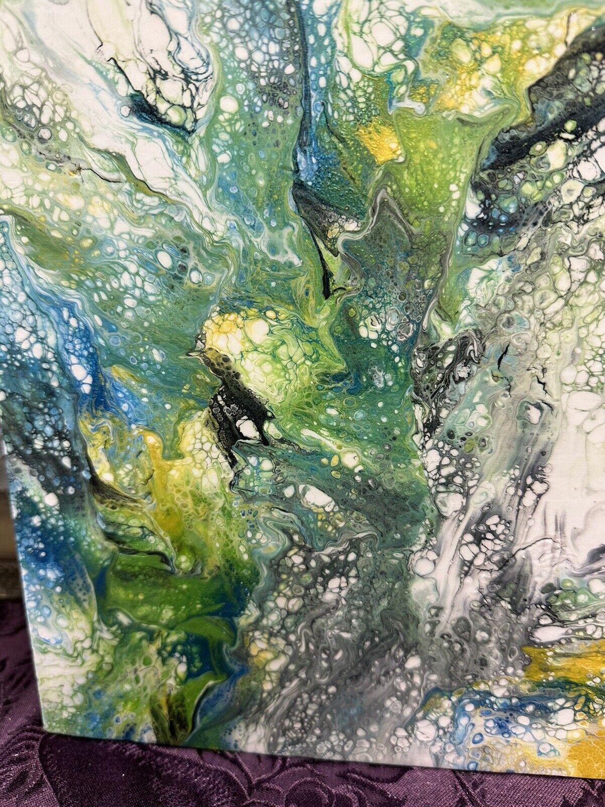 Hand painted Paint Pour 12 x 12 Green Yellow Black White Blue Wall Hanging Art - Stylin Spirit