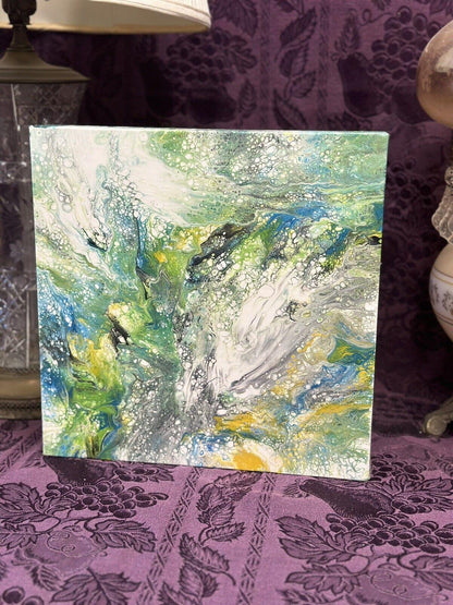 Hand painted Paint Pour 12 x 12 Green Yellow Black White Blue Wall Hanging Art - Stylin Spirit