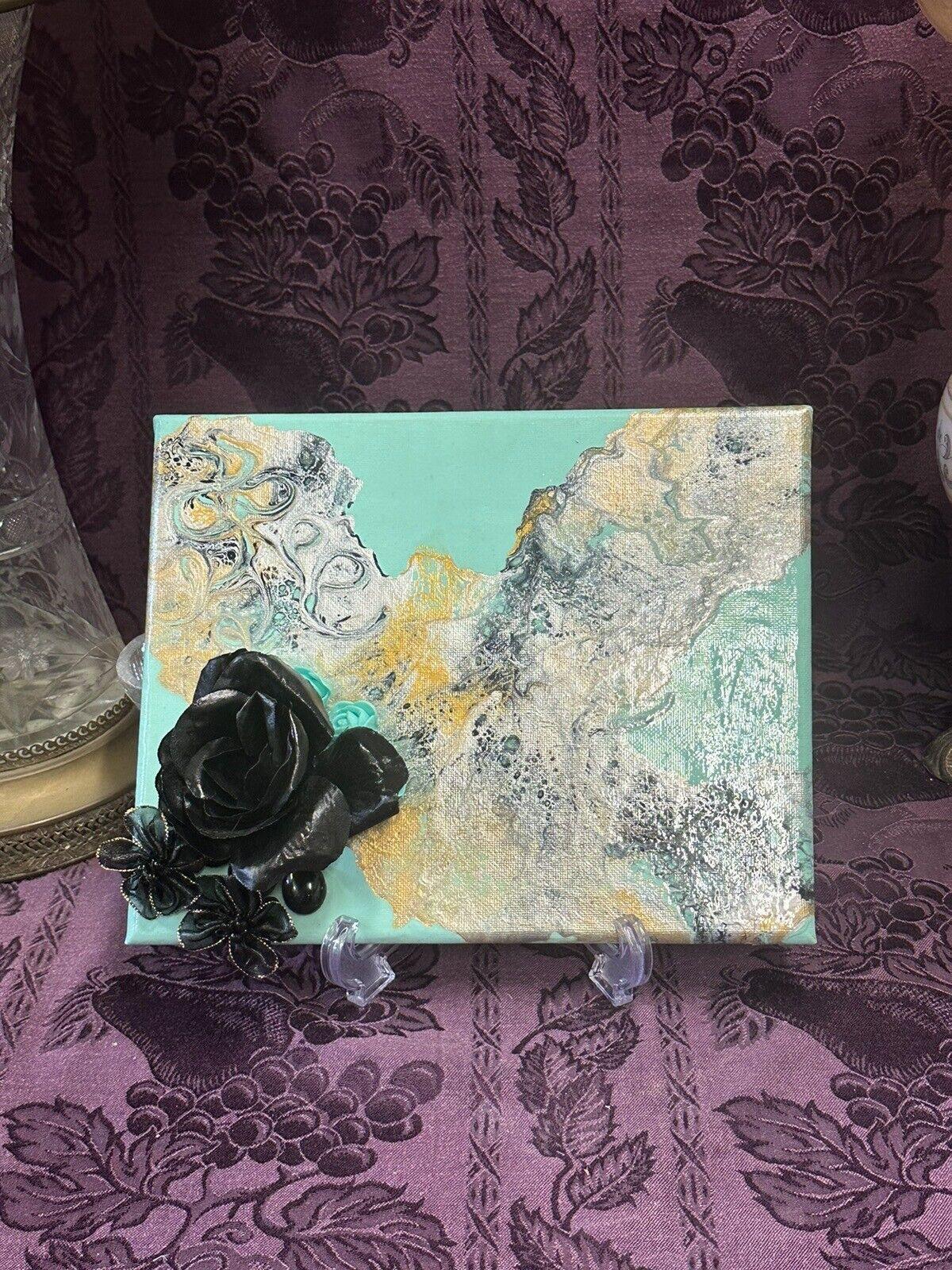 Hand painted Paint Pour 8 X 10 Aqua Black Gold Flowers Wall Hanging Art - Stylin Spirit