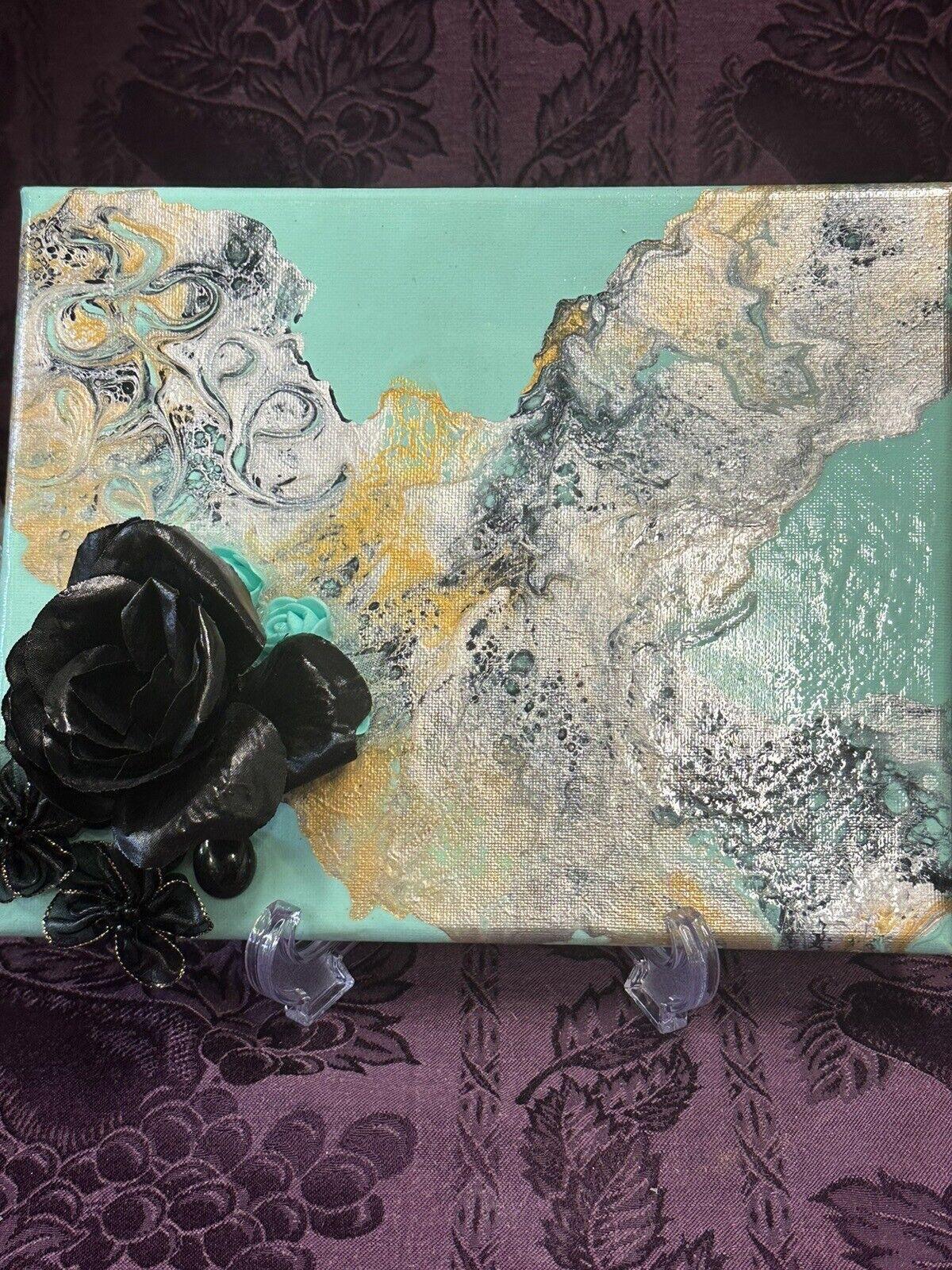 Hand painted Paint Pour 8 X 10 Aqua Black Gold Flowers Wall Hanging Art - Stylin Spirit