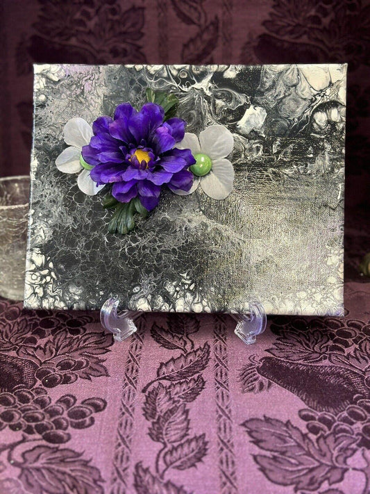 Hand painted Paint Pour 8 X 10 Black White Purple Flowers Wall Hanging Art - Stylin Spirit