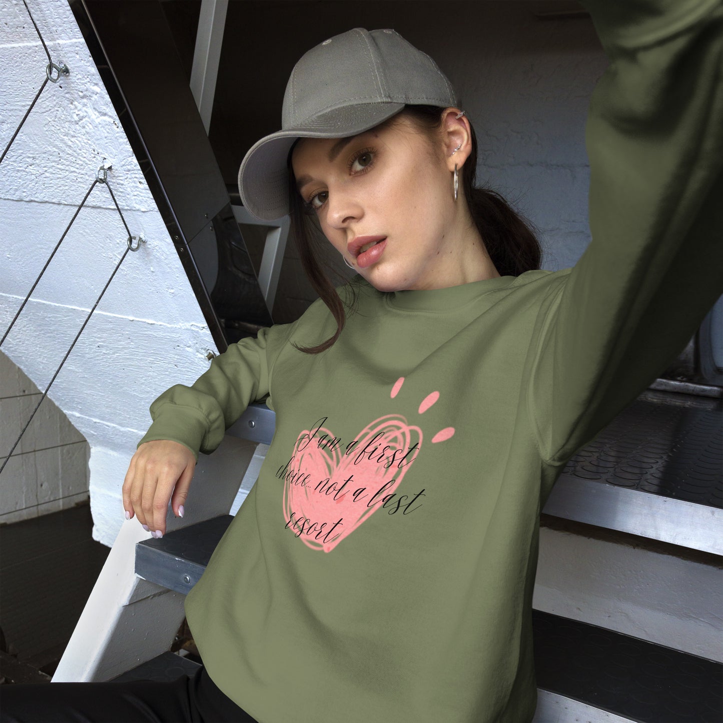 Unisex Sweatshirt - First Coice Pink Heart - I'm a First Choice Not a Last Resort Sweatshirt Stylin' Spirit Military Green S 