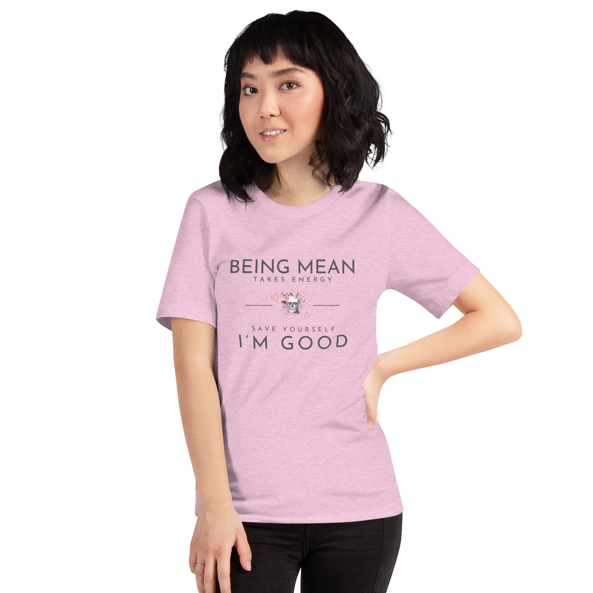 Unisex t-shirt - Being Mean Skull - Being Mean Takes Energy Save Yourself I'm Good T-shirt Stylin' Spirit Heather Prism Lilac XS 